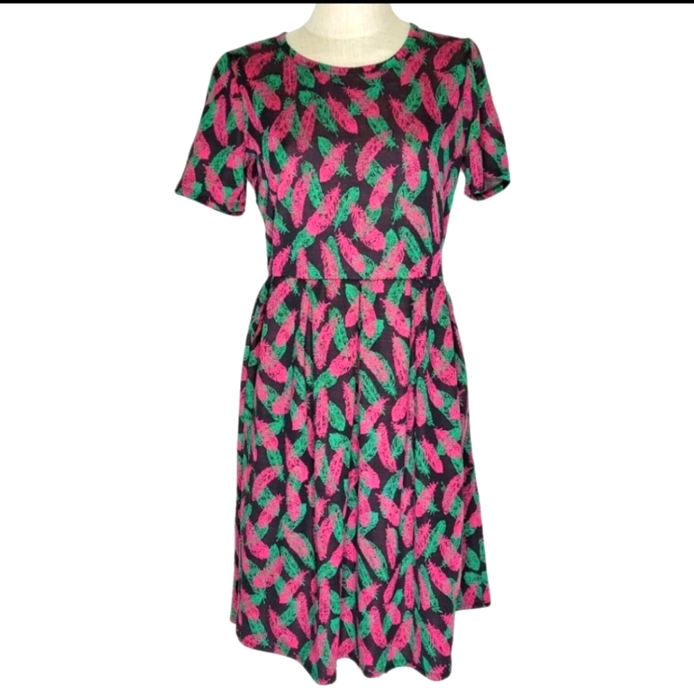 Lularoe Pink & Green Feathers Amelia Dress